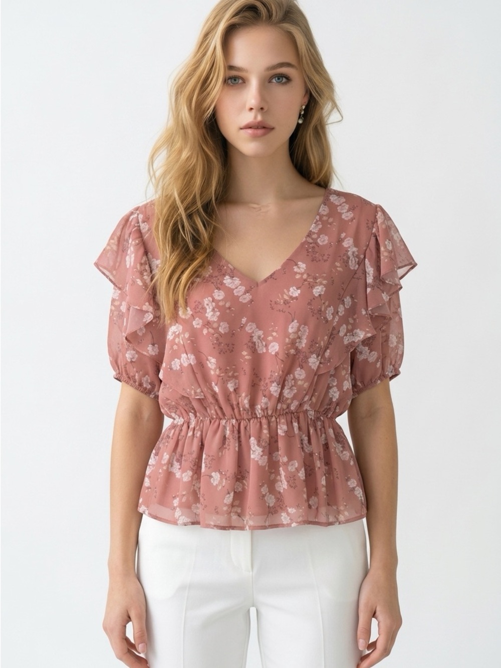 Entro pink white flower detail ruffled top elastic waist 3/4 sleeve size large